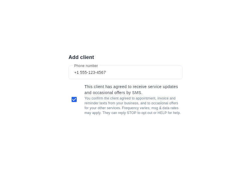 The required SMS consent checkbox shown when an operator adds a client's phone number in the Mour app